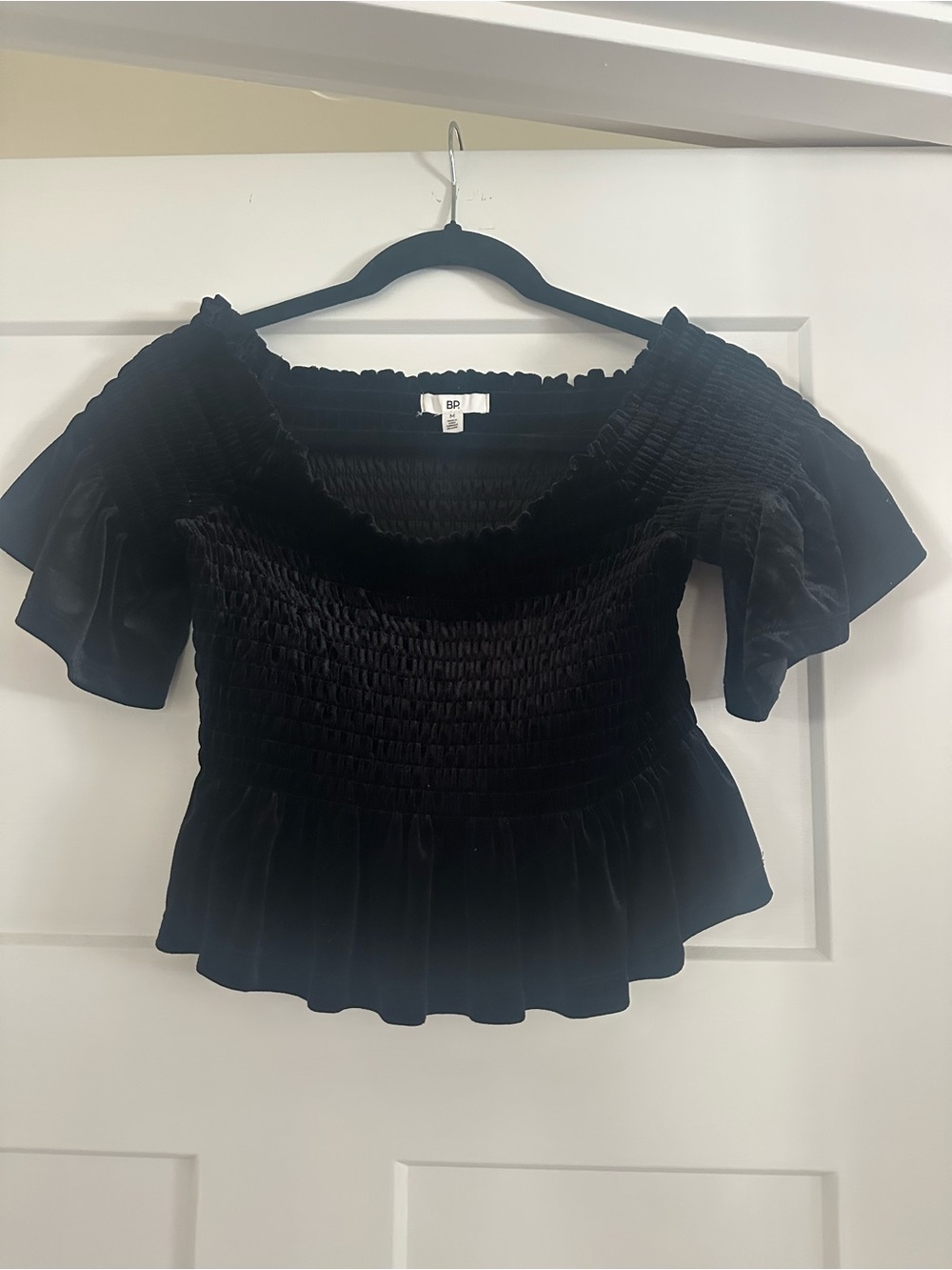 bp Black Smocked Velvet Peplum Off-Shoulder Top